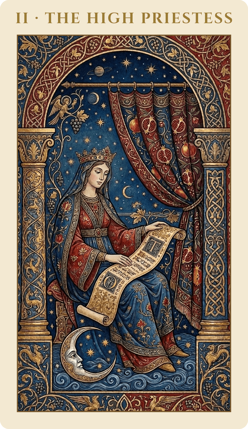 The High Priestess — Medieval Illuminated Manuscript deck
